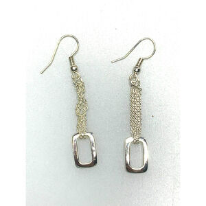 Silver Toned Hook Earrings with a Rectangle Charm Looped in Chains